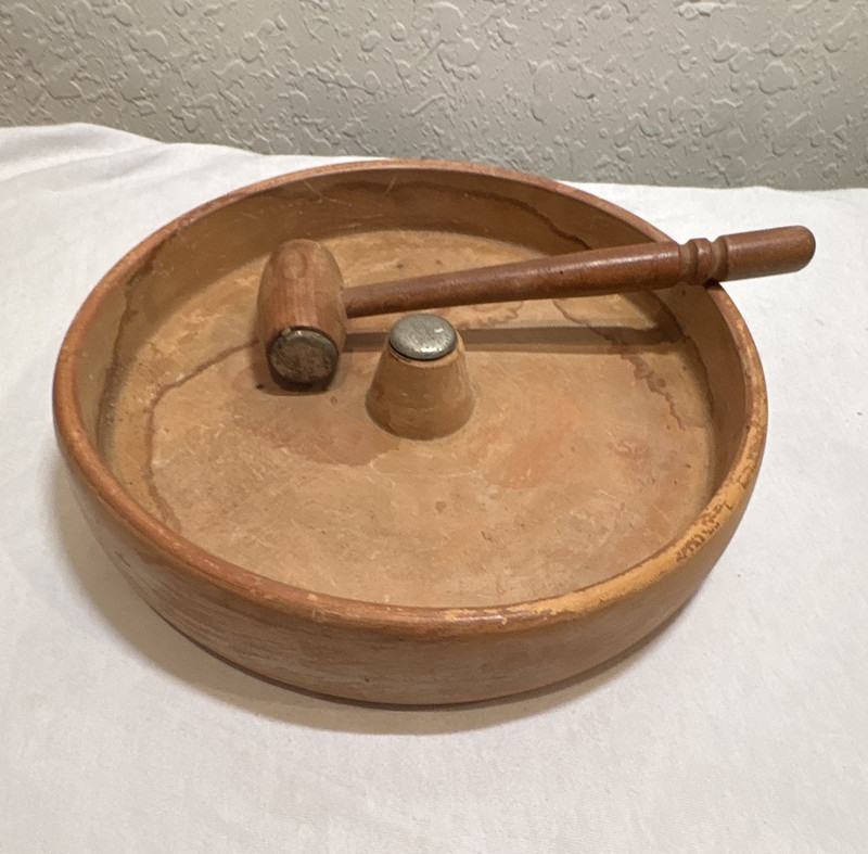 Solid Wood nut Bowl Set w/ Mallet, Brown Solid Round, 2-Piece