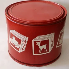 Vintage Round Children's Lg Toy Metal Chest Red, Number Blocks, Animals 16 x 21"