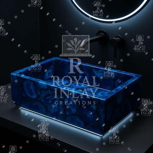 Rectangular Blue Agate Sink – Luxury Handmade Gemstone Bathroom Basin - Picture 2 of 5