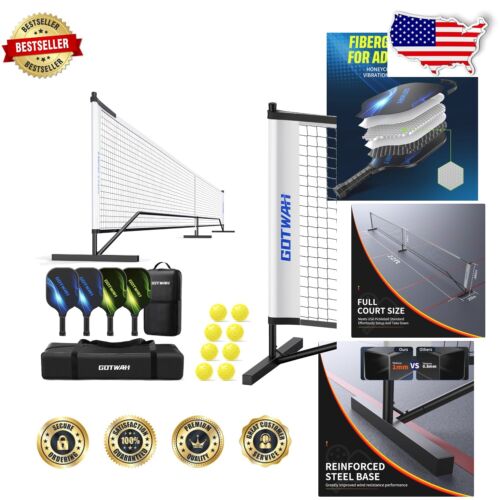 Easy Assembly Portable Pickleball Set with 4 Paddles, Balls & All-Weather Net