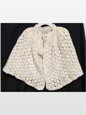 Vtg 70s Shawl Poncho Shoulder Wrap Kids Girl Handmade Crochet White Open Knit