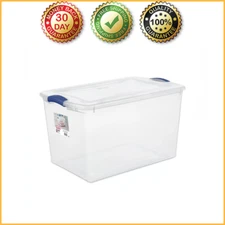 Stackable Plastic Tote Box Storage Containers Bin 66 Quart, Blue Latches, 1 Pack