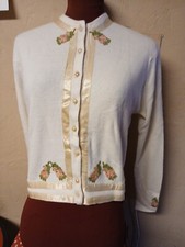 Vtg 50s Angora Ivory Wool Floral Sweater satin floral appliques Lovely 