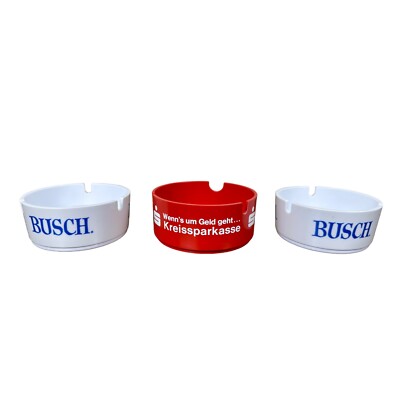 Lot Of 3 Vintage White Plastic Ashtray Ornamin 2 Busch Beer And German Sparkasse