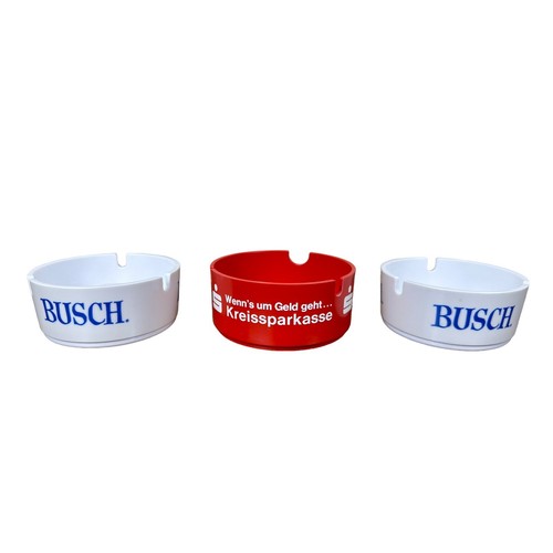 Lot Of 3 Vintage White Plastic Ashtray Ornamin 2 Busch Beer And German Sparkasse