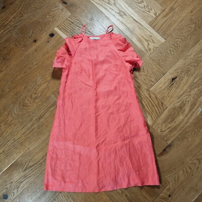 Mango Damen Midikleid S Rosa 100% Leinen Ärmellos Midi Rundhals A-Linie