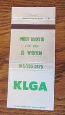 RADIO STATION MATCHBOOK COVER: KLGA AM 1600 ALGOMA, IOWA EMPTY MATCHCOVER -C14