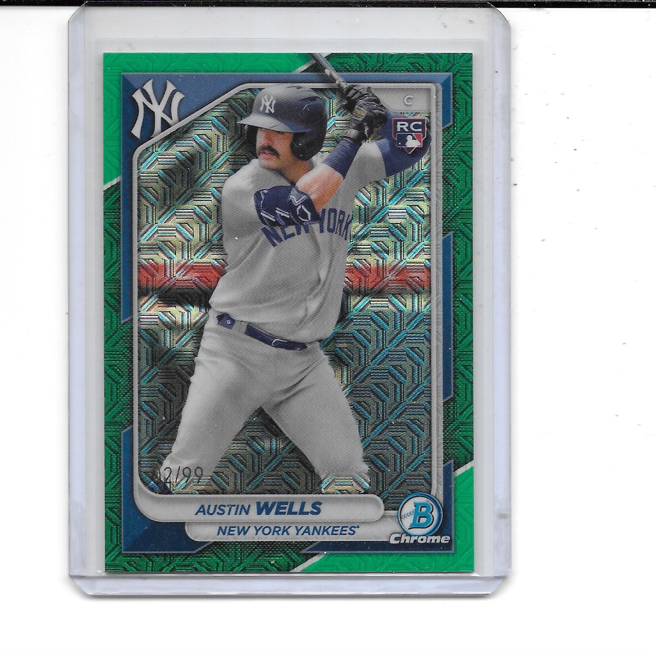 2024 BOWMAN CHROME AUSTIN WELLS RC GREEN MOJO REFRACTOR ROOKIE # 2/99 YANKEES