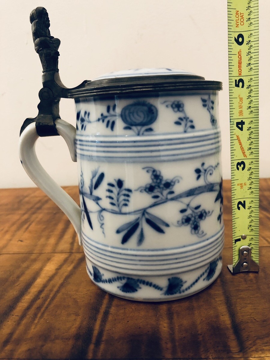 Antique Meissen Porcelain Blue Onion Lidded Tankard Porzellan