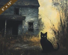 Black cat by abandoned house oil painting 8x10 Print