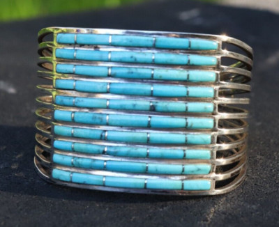 Zuni Sterling Silver Kingman Turquoise 10 Row Inlay Cuff Bracelet - Signed RD