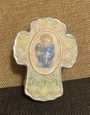Ceramic Cross Trinket Box Baby Boy Praying And Flowers Communion