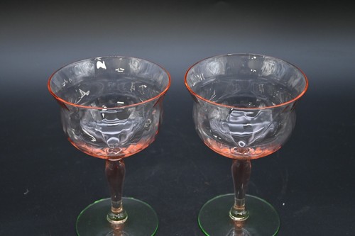 2 antike Tiffin rosa grün Wassermelonenoptik Depressionsglas Sherbets Stielglas - Bild 11 von 14