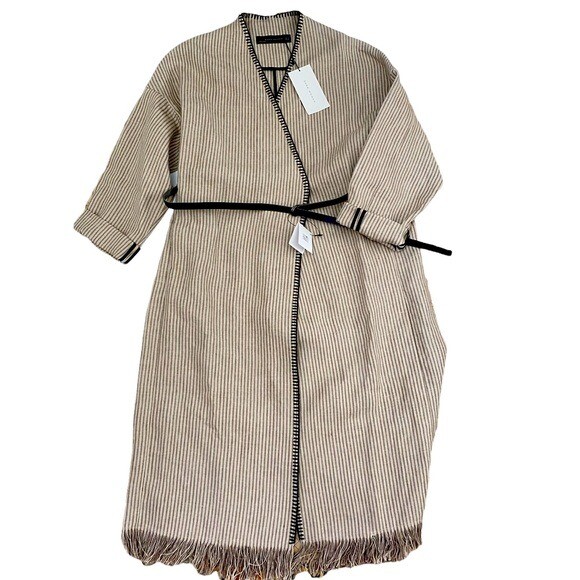 Zara Woman Stripe Wrap Dress Coat Sz Med Belted Linen Fringe Hem Roll Up Sleeves thumbnail 2