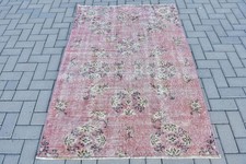 Vintage Rug 3,8x5,6 ft, Pink Beige Oriental Wool Turkish Rug