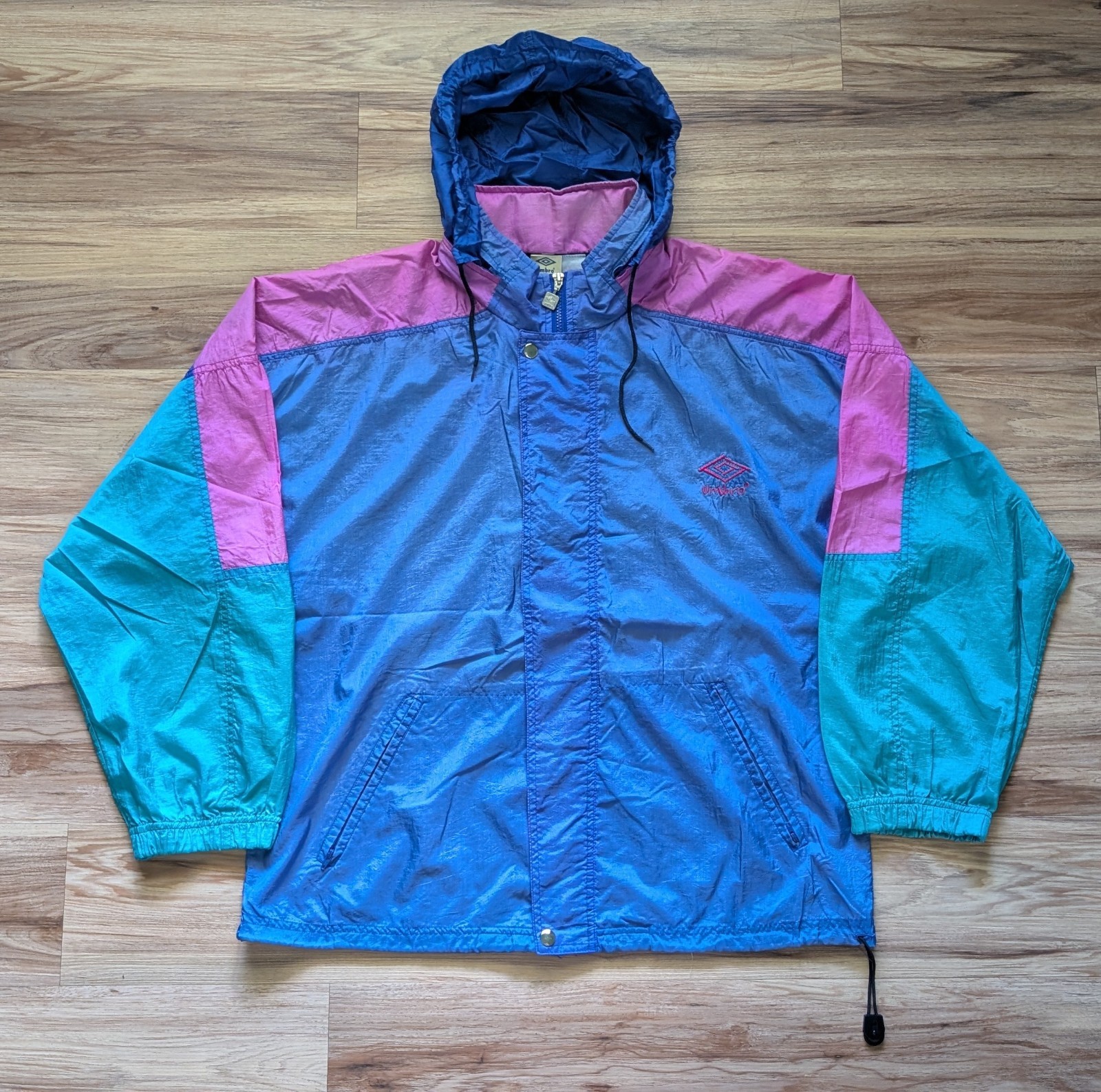 Vtg 90s Umbro Windbreaker Jacket Large Colorblock Pink Teal Mesh Hooded Retro