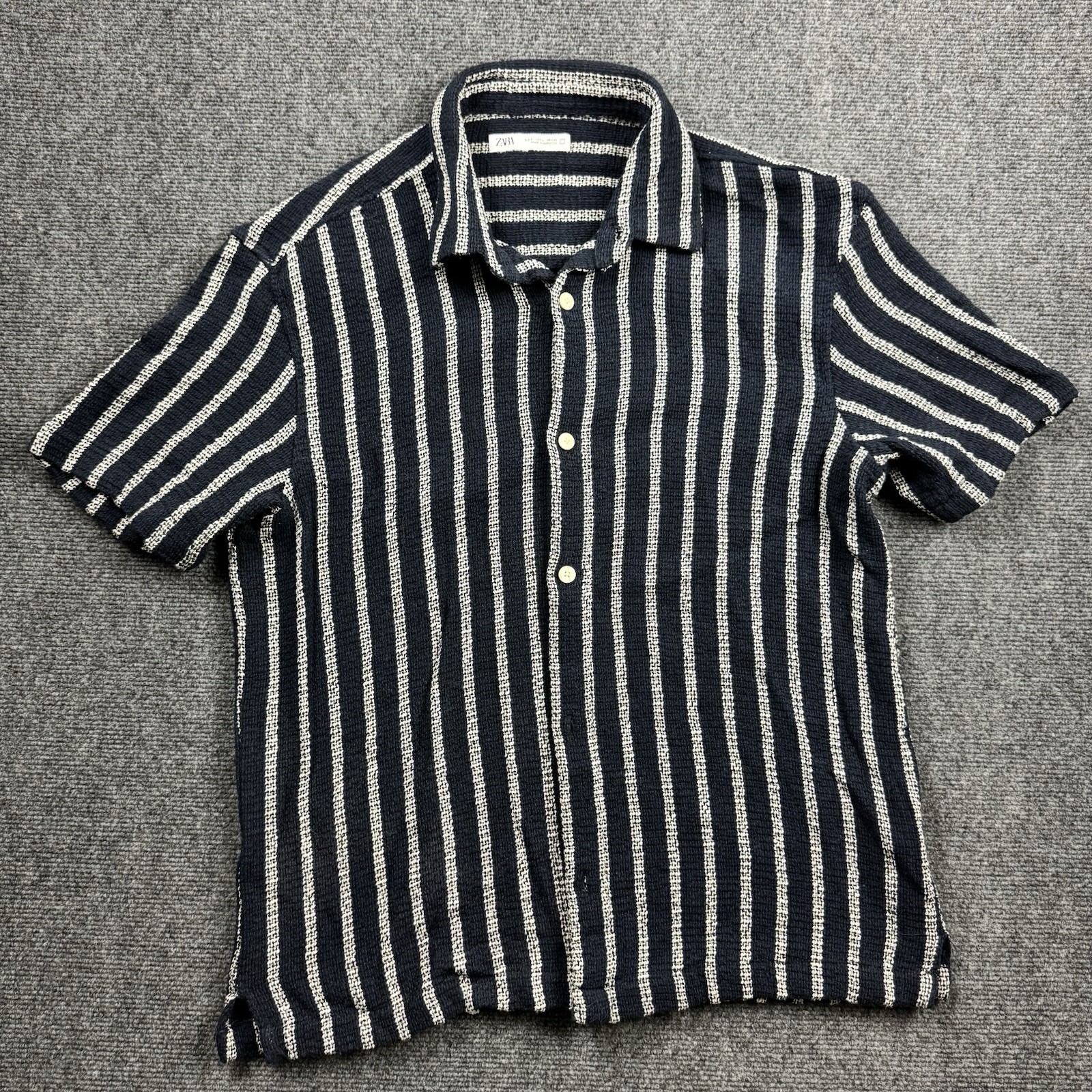 Zara Knit Shirt Mens Large Striped Short Sleeve Cotton Blend Camp Button Up