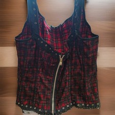 Tripp NYC Plaid Lace Corset Top Size 1X Red Black Renfaire Festival Y2K Grommet