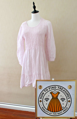 LB4) SIZE M LOGICA MADE IN ITALY PINK SHIRRED BODICE LONG SLEEVE LINEN DRESS