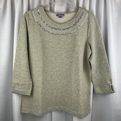 NWT Laura Scott Women's 3/4 Sleeve Grey w Gold Sparkle Top Sweater Sequins Large