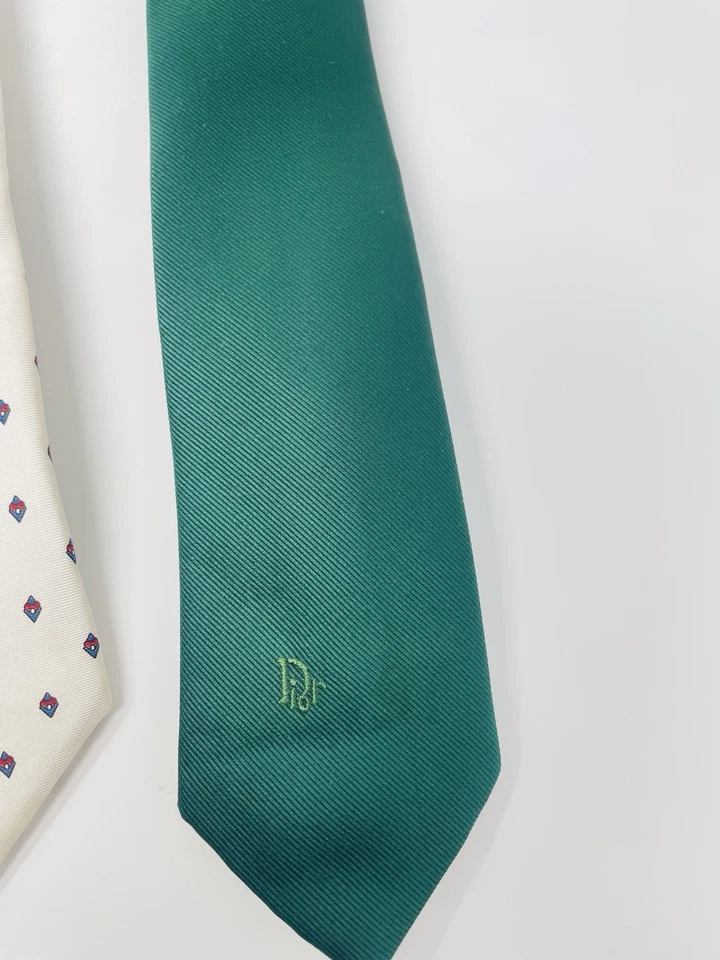 Juego De 2 Corbatas De Colección Christian Dior Para Hombre Verde Logo Corbata Blanco Diamante Seda Foto 4 de 4