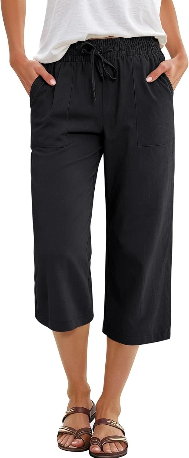 Capris Pants for Women Summer Casual Loose Drawstring Elastic
