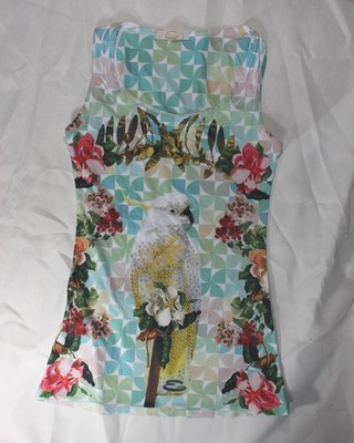 Everis Italy Träger T-Shirt Damen mit Vogelmotiv und Pailletten Gr. XS-S