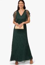 Adrianna Papell Women's Short Sleeve Dark Green Bearded Maxi Dress Size 8 New