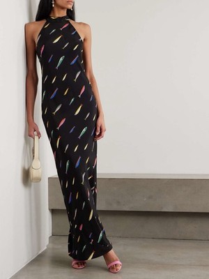 NWT Staud Women's Black Silk Pop Sardine Print Halter Winnie Maxi Dress Size 4