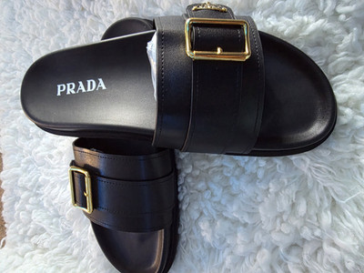 PRADA Black Logo Leather Slide Sandals Women s US 8 Slip-On Gold Buckle