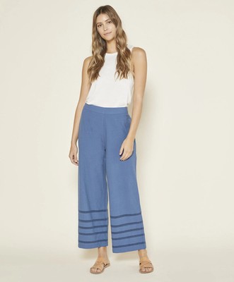 Outerknown Women M Meander Beach Pants Wide Leg Blue Stripe Pull On Travel Flowy
