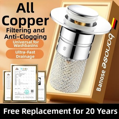 Stainless Steel Copper Core Lift Up Sink Drain Strainer Filter Anti Clog Anti