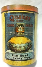 Vintage Quaker Corn Meal Tin Cheinco DING ON BOTTOM OF CAN See Pics AB