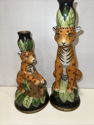 2  CBK LTD Porcelain Jungle Cat Candlestick Holder Leopard Cheetah 12 