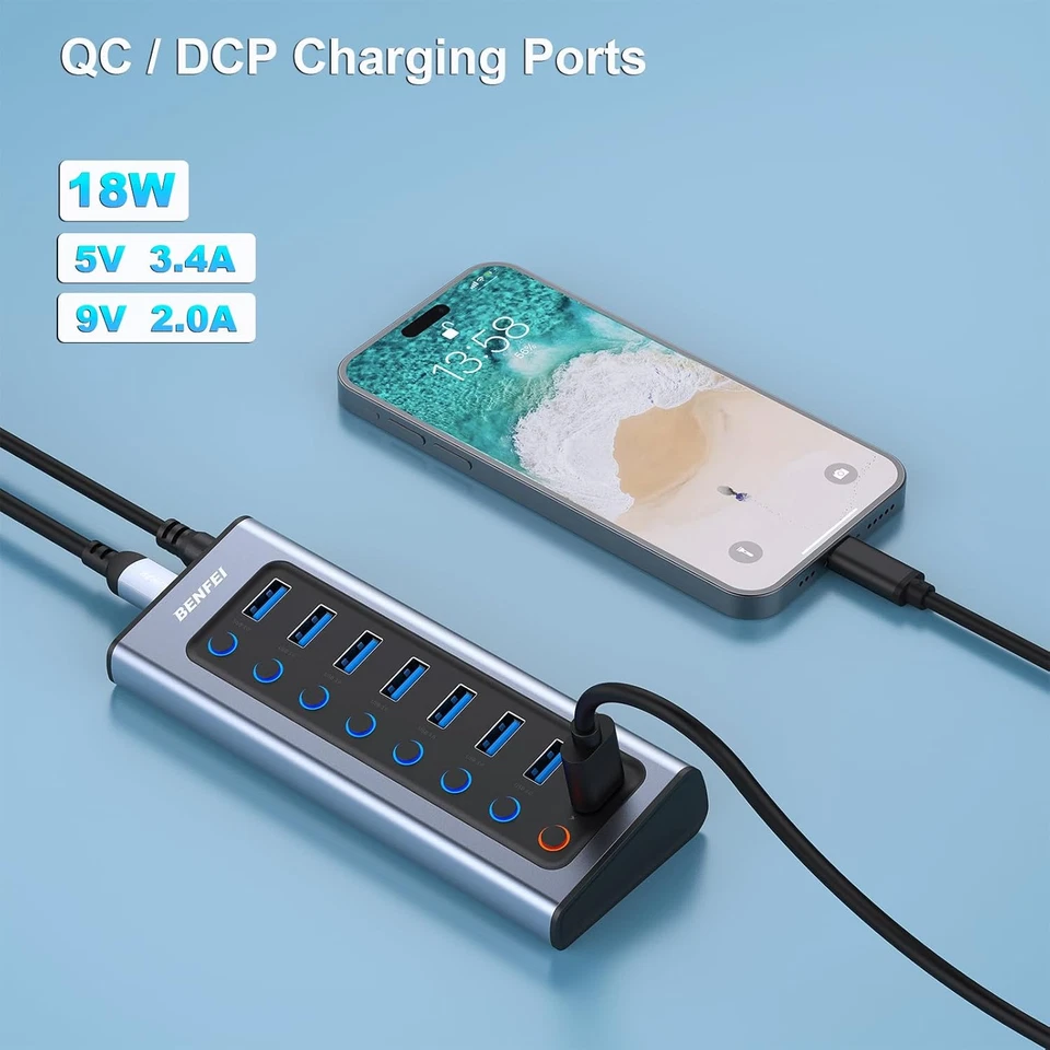 USB Hub 8-Port with Power Adapter | 7 USB 3.0 Data Ports + 1 Smart Charging Port - Image 4 of 4