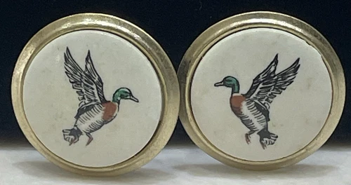 Vintage Duck Earrings Gold tone 1" Hand Painted Estate Costume Jewelry Clip On