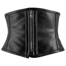Black Faux Leather Underbust Corset Steel Boned Waist Trainer Zipper Gothic Cinc