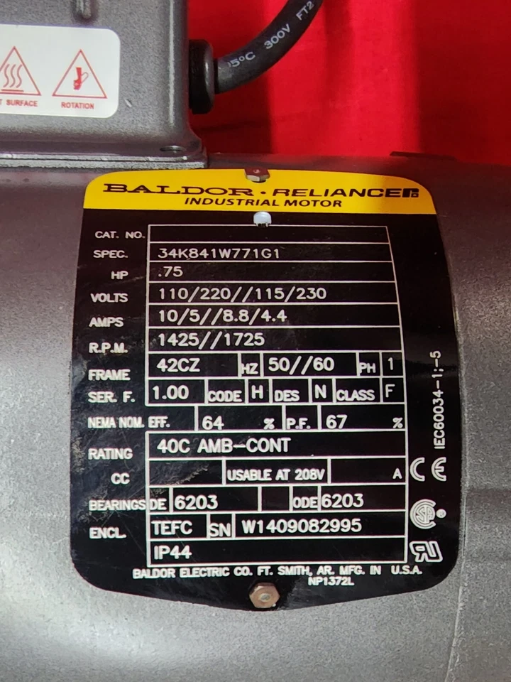 MOTOR INDUSTRIAL BALDOR 34K841W771G1 .75HP 1425/1725RPM 1PH 50/60HZ CUADRO 42CZ Foto 2 de 4