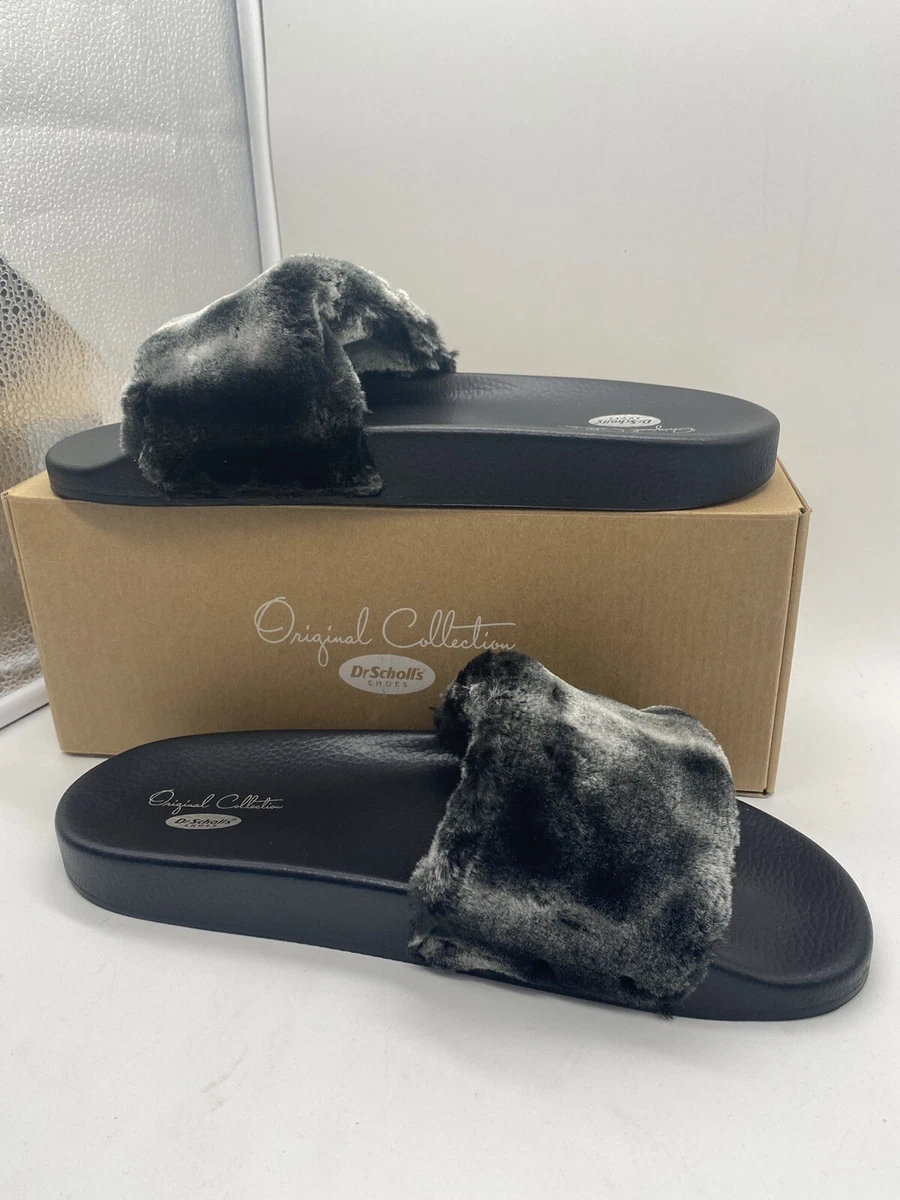 Dr Scholls Womens Size 11 Slides Fuzzy Black Cozy Fur Shoes eBay