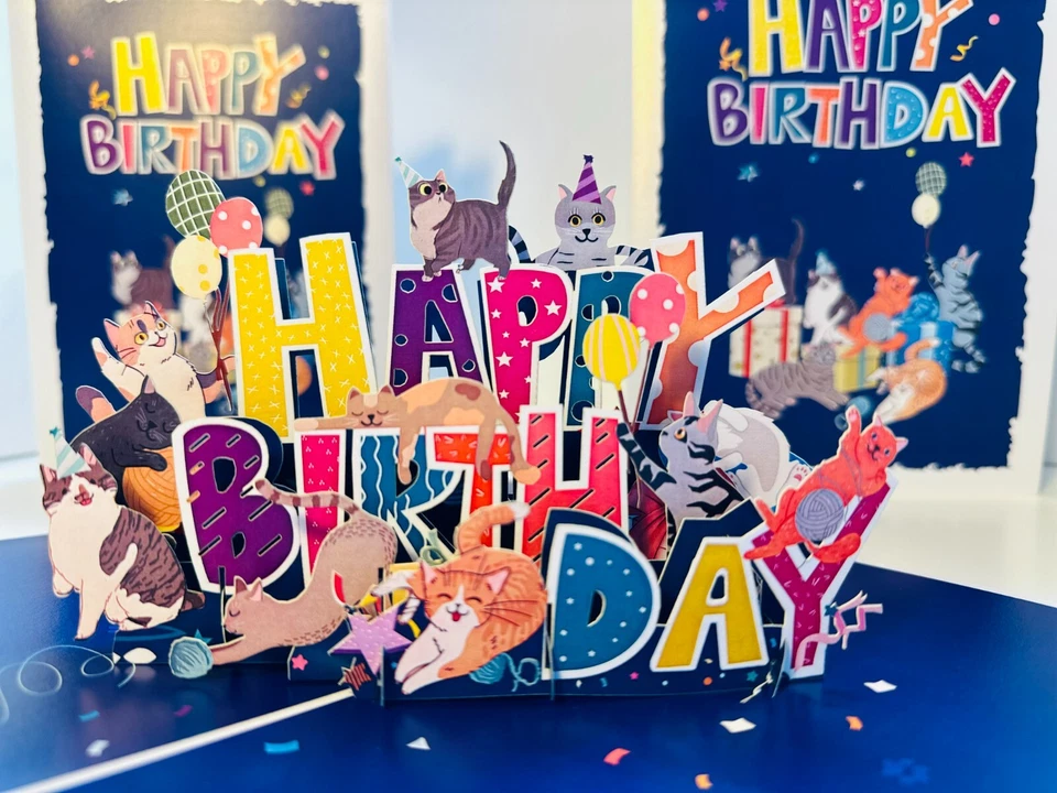Tarjetas Pop Origami Feliz Cumpleaños Gato Fiesta con Regalos 3D Pop Up Tarjeta de Felicitación Foto 4 de 4