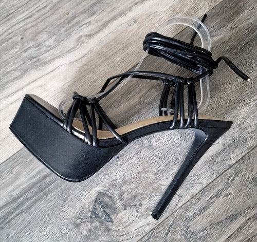 Womens Black Stiletto High Heel Tie Up Strappy Extreme Platform Sandals UK 3 - Picture 6 of 8