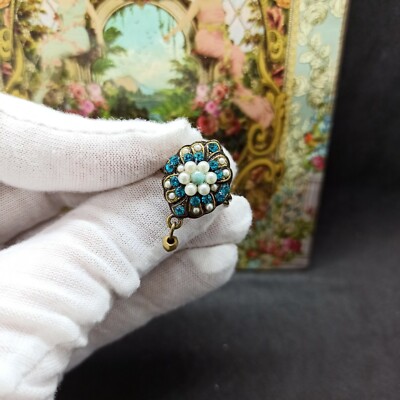 Michal Negrin Adjustable Ring Flower Dangle Drop Pearls & Blue