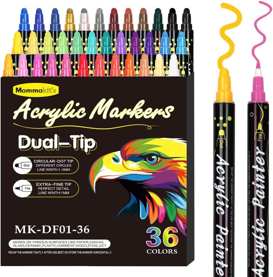 36 Dual-Tip Acrylic Paint Markers for Wood, Ceramic, Glass, Stone - 36 Vibrant Colors