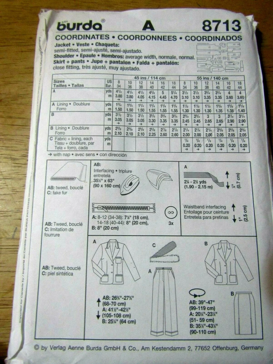 BURDA SEWING PATTERN NO. 8713 LAQDIES SLACKS SUIT & SKIRT SIZE 8.