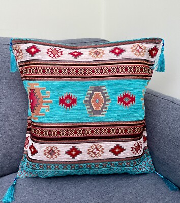 Turquoise Chenille Cushion Cover, Kilim Pattern Pillow, Boho Decor  40x40cm UK