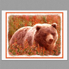 6 Grizzly Bear Animals in Fireweed Blank Art Note Greeting Cards