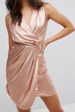 Lipsy Rose Gold Bodycon Wrap Dress 16 Party Occasion Evening Wedding Satin