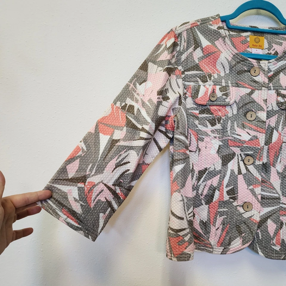 Ruby Rd Jacket Blazer S Textured Cotton Stretch Abstract Coastal Button Office - Image 2 of 4