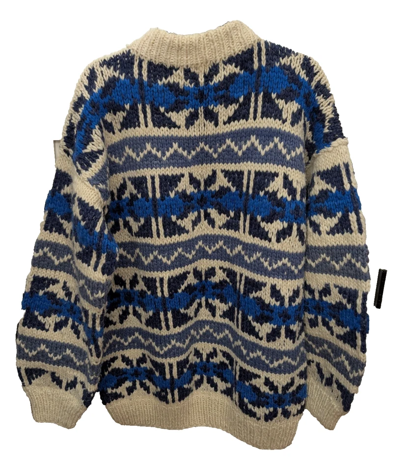 Vintage Handknit Chunky Mens XL 100% Wool Sweater Ecuador Blue Ivory Fisherman's - Image 2 of 4