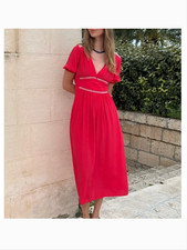 J.Crew Smocked Midi Dress 8 Crepe de Chine Red Peasant Prairie Milkmaid Preppy